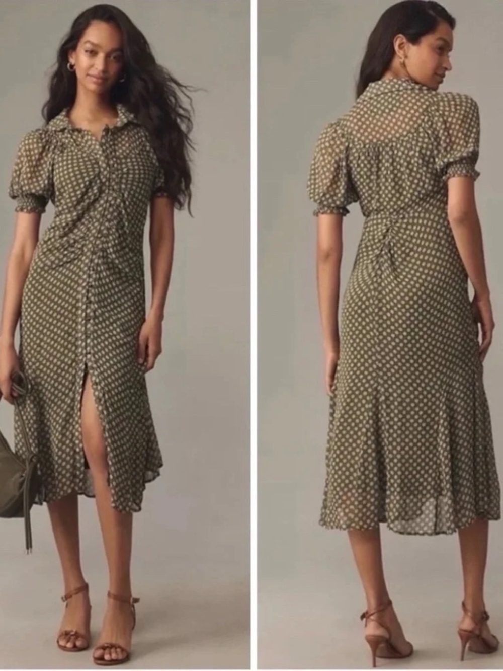 Anthropologie Olive Green Printed Midi Dress with Button Front